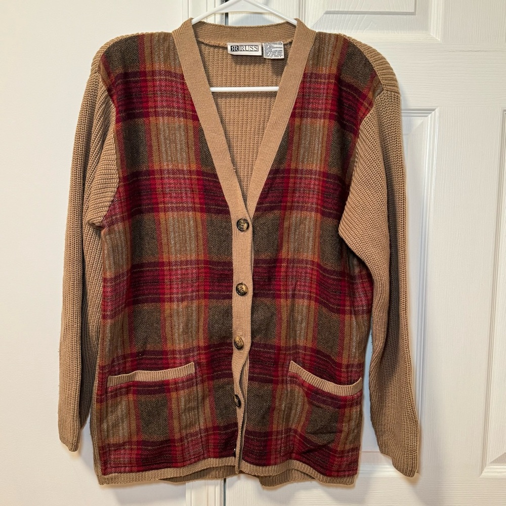 Vintage RR‎ Russ 90s plaid print grandpa cardigan sweater